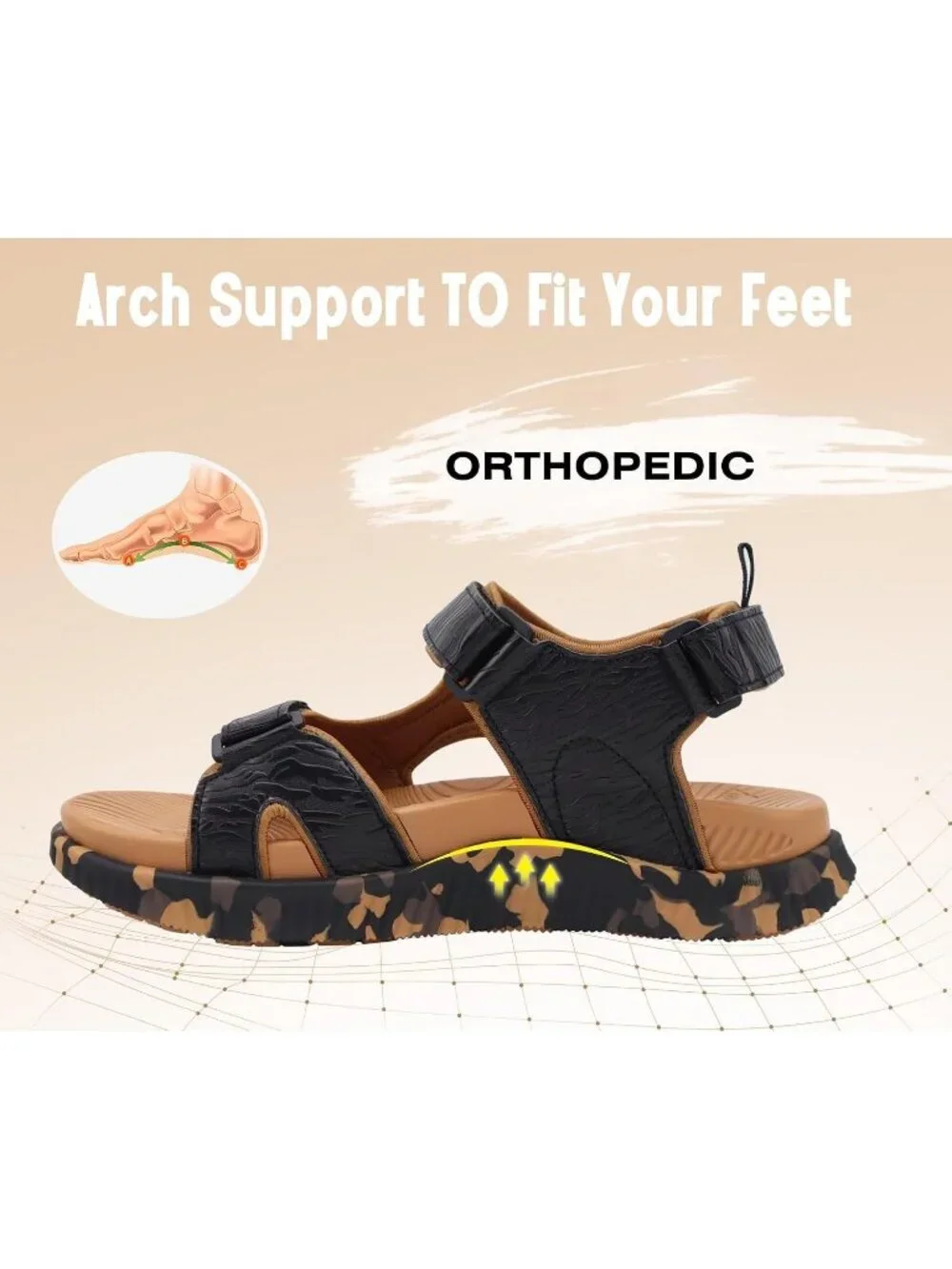 Mens Khaki Black Orthotic Comfortable Urban Outdoor Athletic Hiking Sandal Shoes